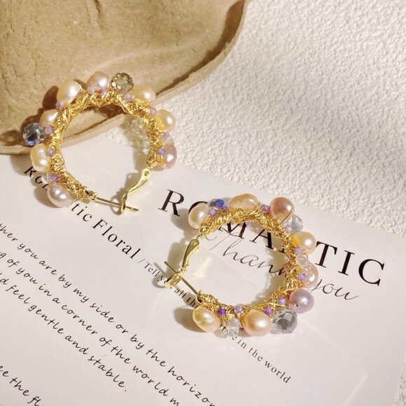 🌈 DAZZLING! Multi-Color Freshwater Pearl & Crystal Wire Wrap Hoop Earrings! - Picture 3 of 6